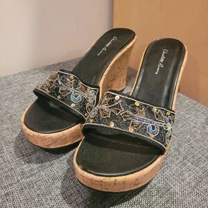 Charlotte Russe Black and Tan Embellished Wedges